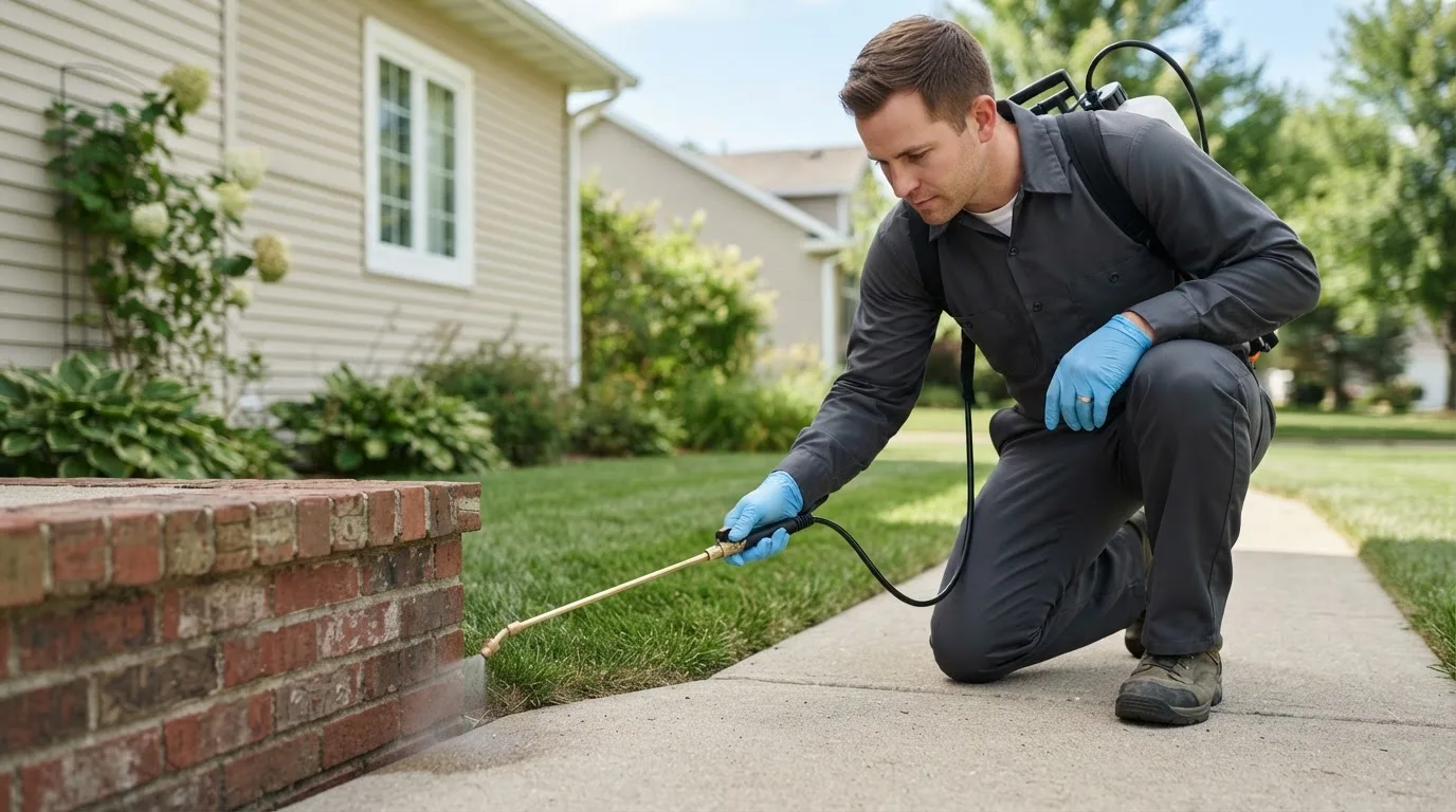 Pest control technician treating a home near New Trenton, IN
