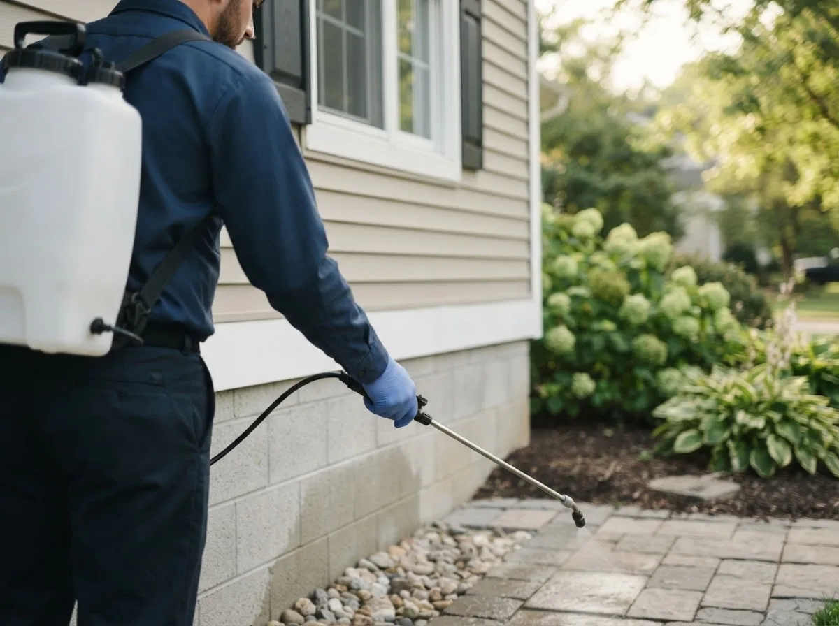 Pest control technician inspecting a home in New Trenton, IN